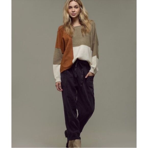 Trendy M-L Green Brown Ivory Color Block Knit Back Tie Sweater - Picture 2 of 15